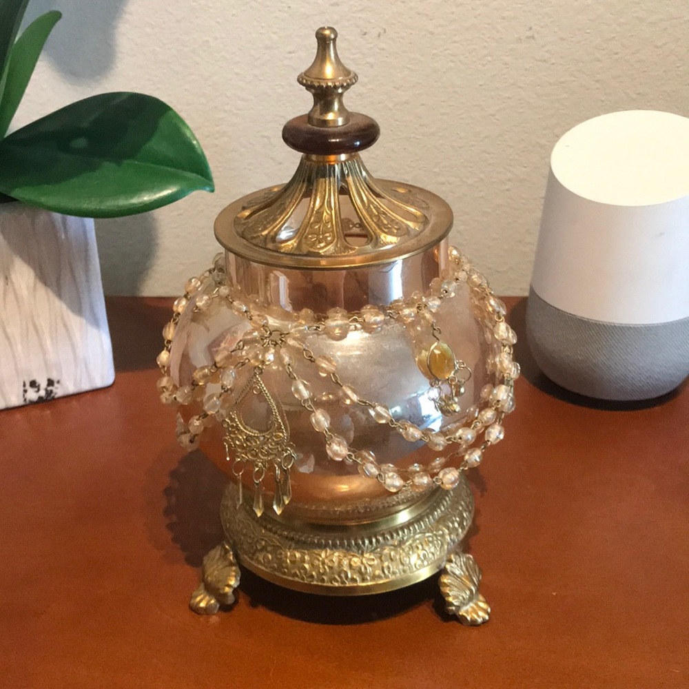 Glass and brass trinket jar. Peachy pearl glass